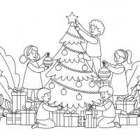 Children decorating Christmas tree with presents