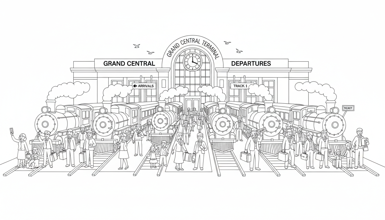 busy train station with passengers and trains coloring page to print