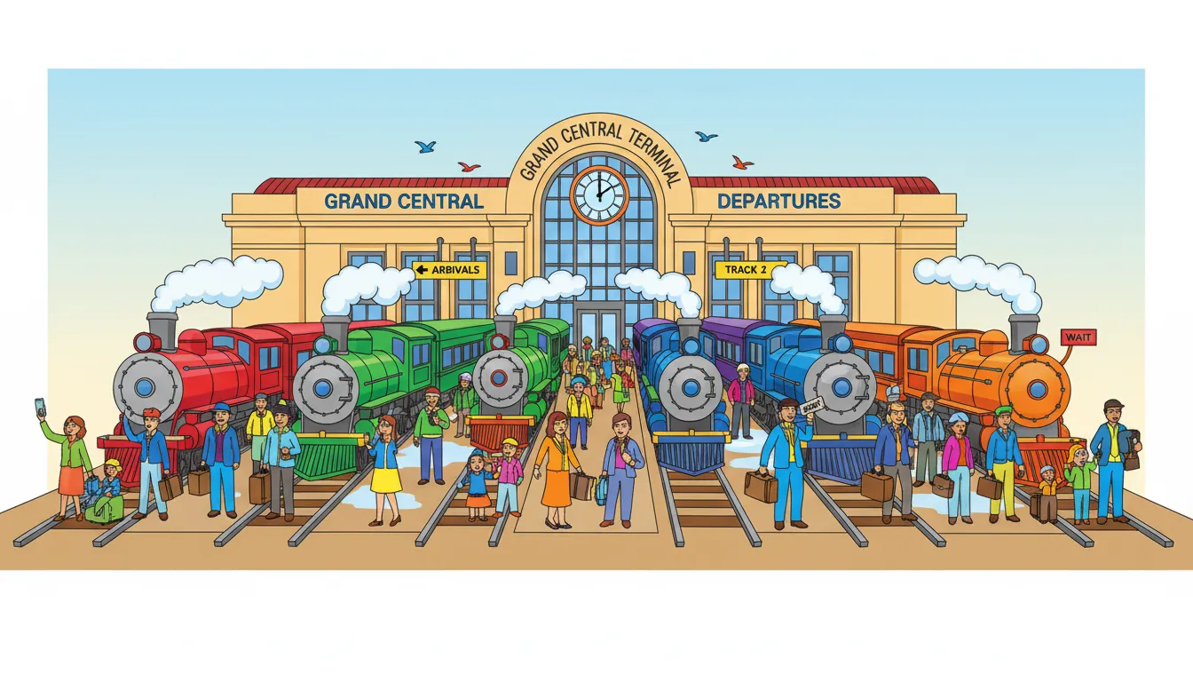 busy train station with passengers and trains coloring page to print
