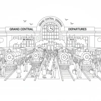 busy train station with passengers and trains