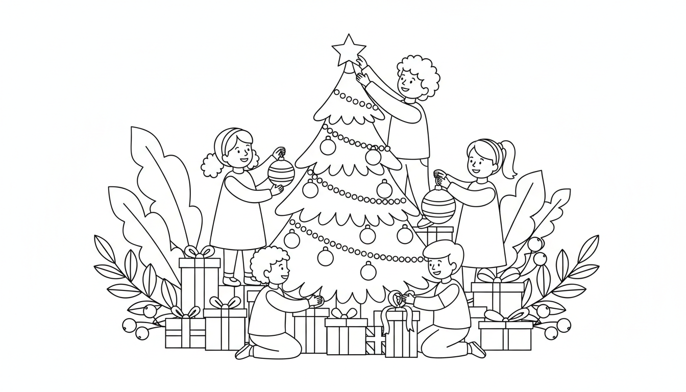 Children decorating Christmas tree with presents coloring page to print