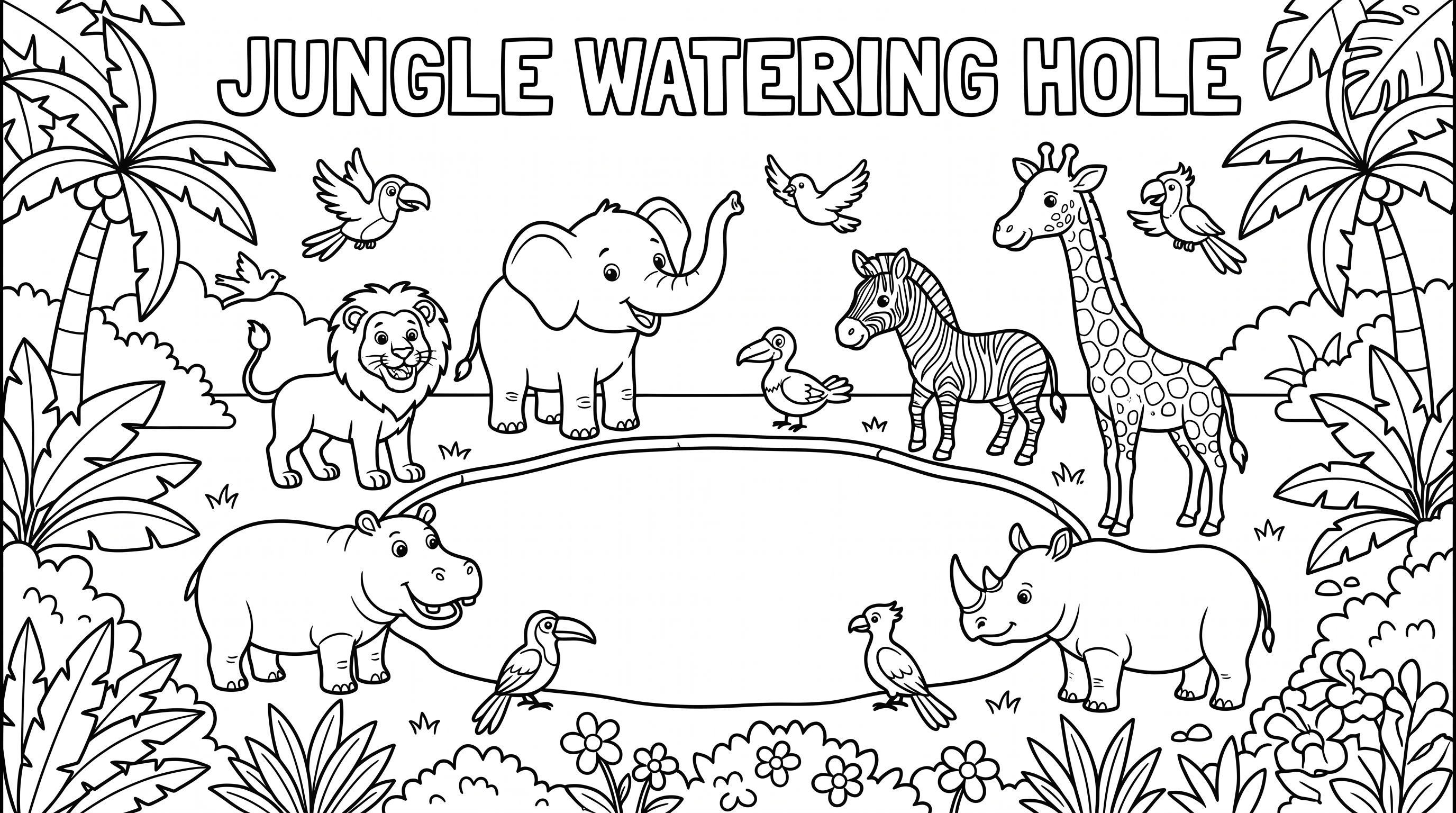 Wild animals gathered at a watering hole coloring page to print