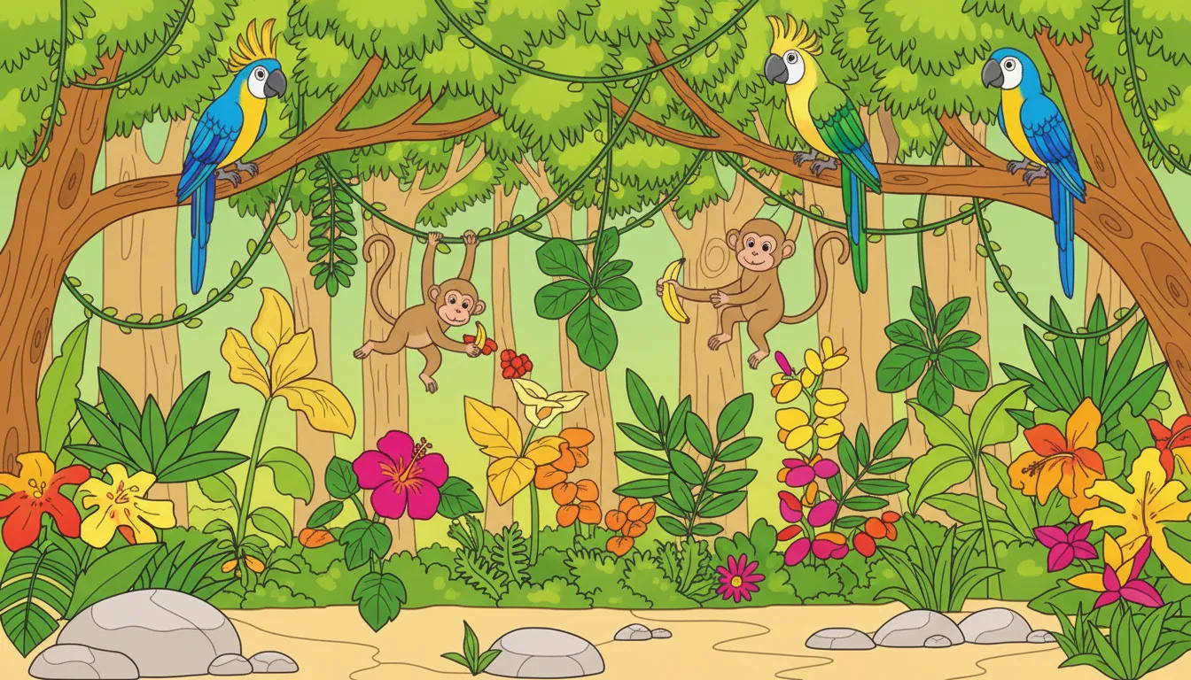 busy jungle scene with parrots monkeys and plants coloring page to print