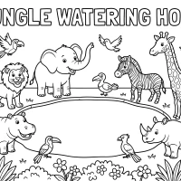 Wild animals gathered at a watering hole