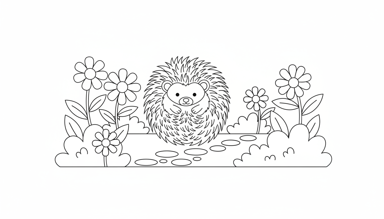cute hedgehog rolling into a ball in garden coloring page to print