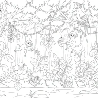 busy jungle scene with parrots monkeys and plants
