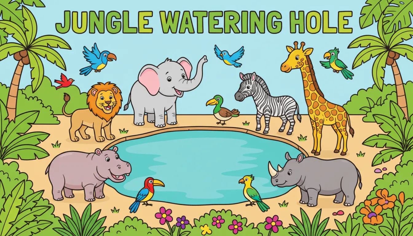 Wild animals gathered at a watering hole coloring page to print