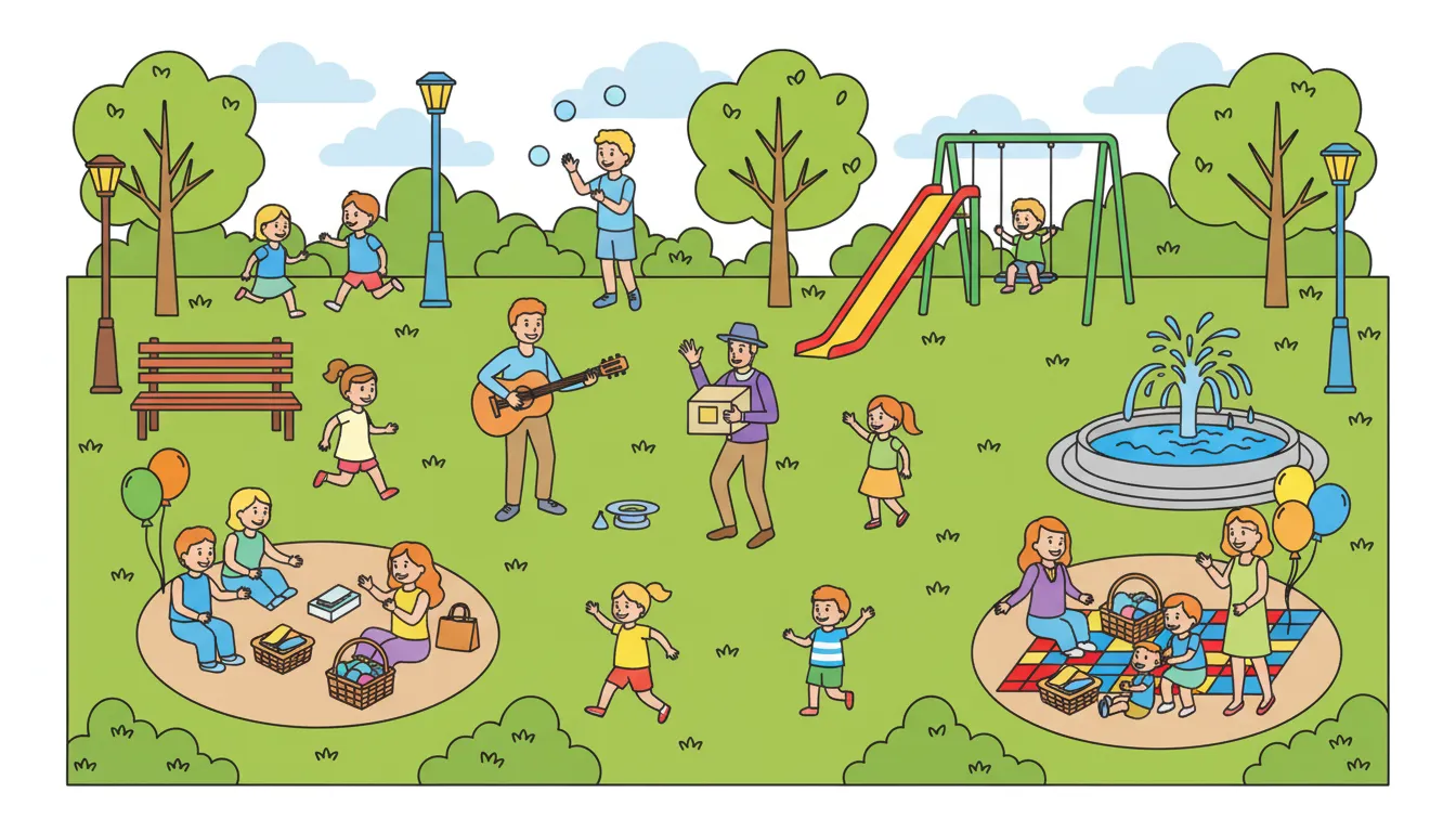 bustling city park with performers and families coloring page to print