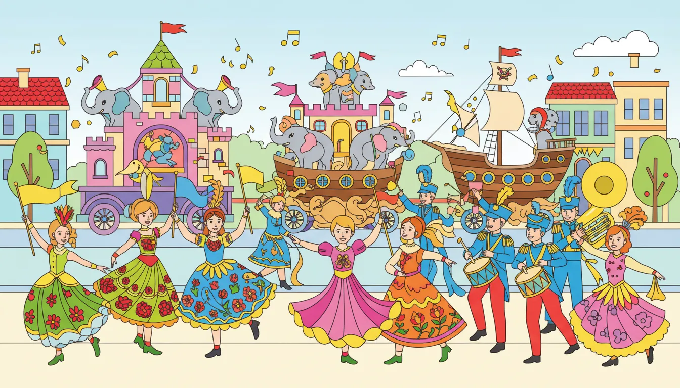 Lively street parade with dancers, floats and musicians coloring page to print