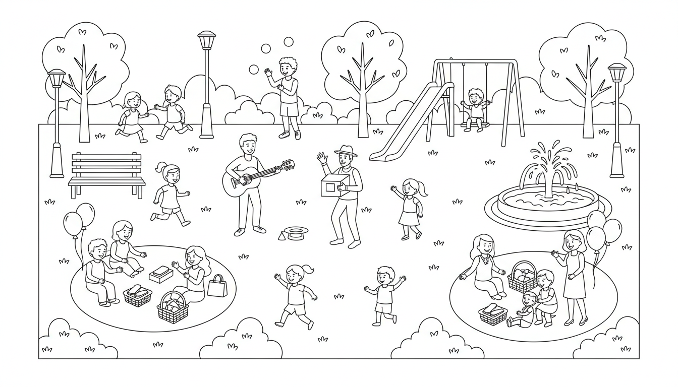 bustling city park with performers and families coloring page to print