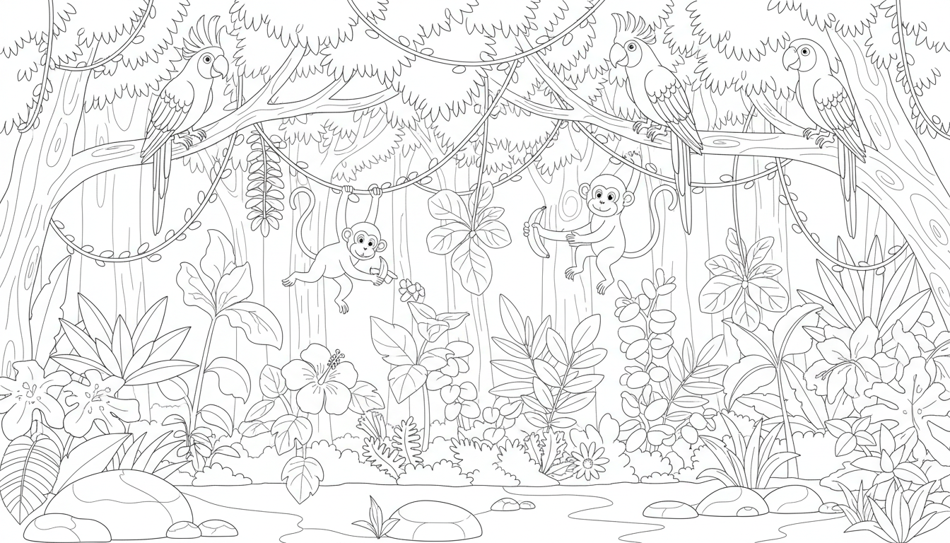 busy jungle scene with parrots monkeys and plants coloring page to print