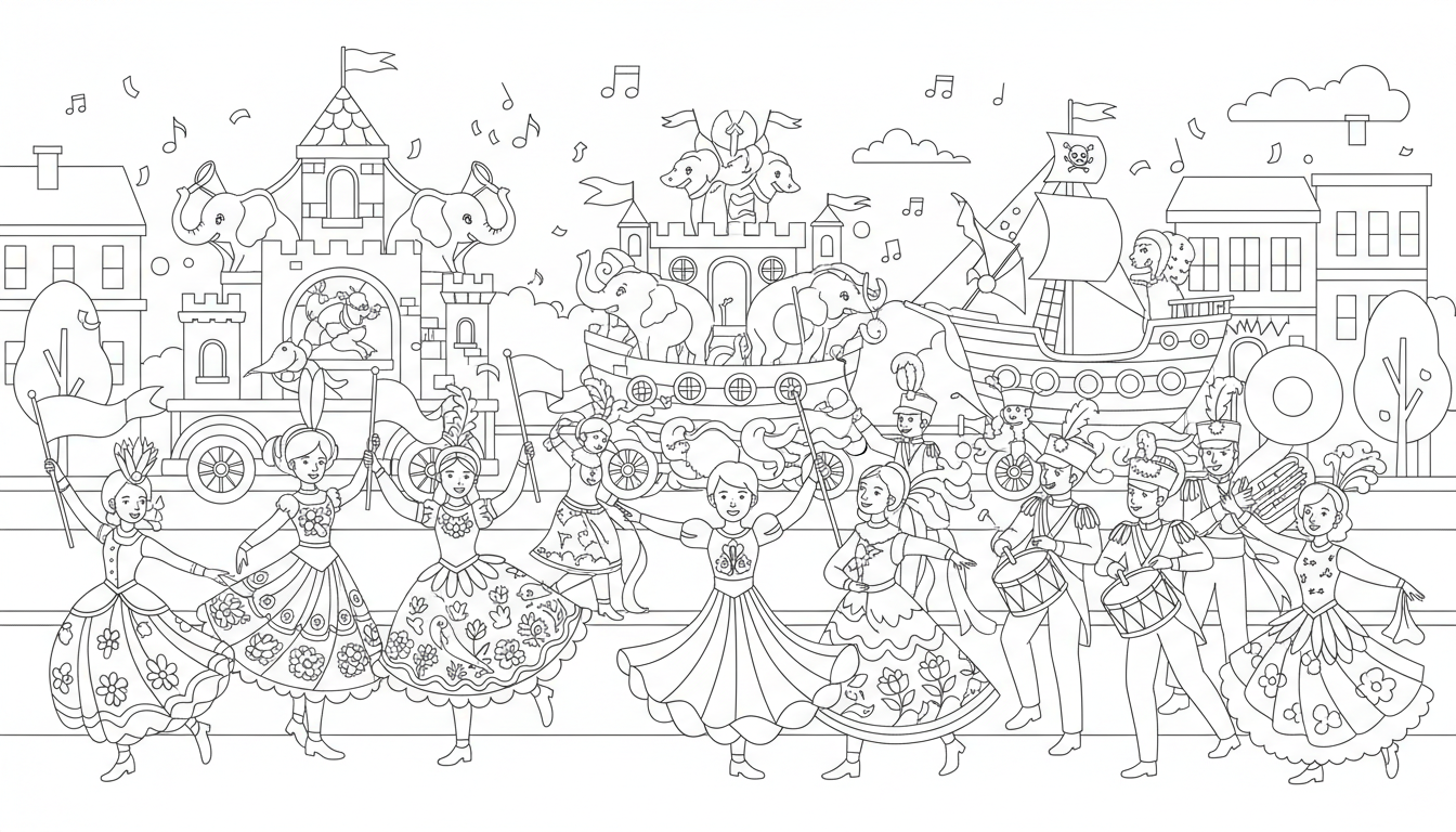 Lively street parade with dancers, floats and musicians coloring page to print