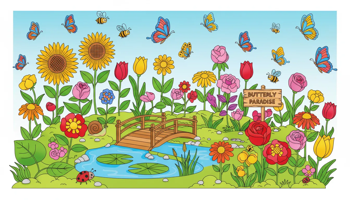 A detailed scene of a butterfly garden with various species flying around. coloring page to print