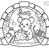 A cute mouse with cheese sitting inside a cozy mouse hole.