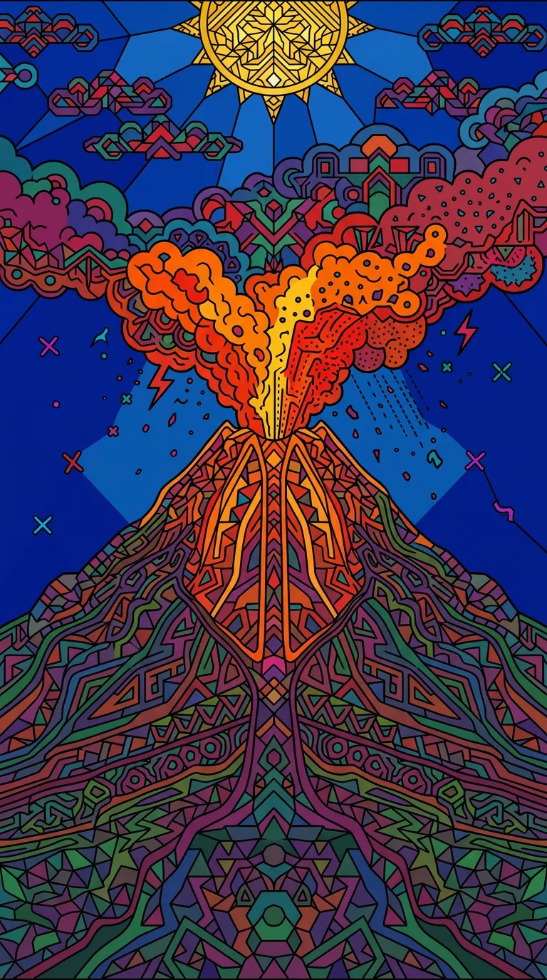 A detailed cross-section of a volcano erupting with lava flowing down its sides. coloring page to print