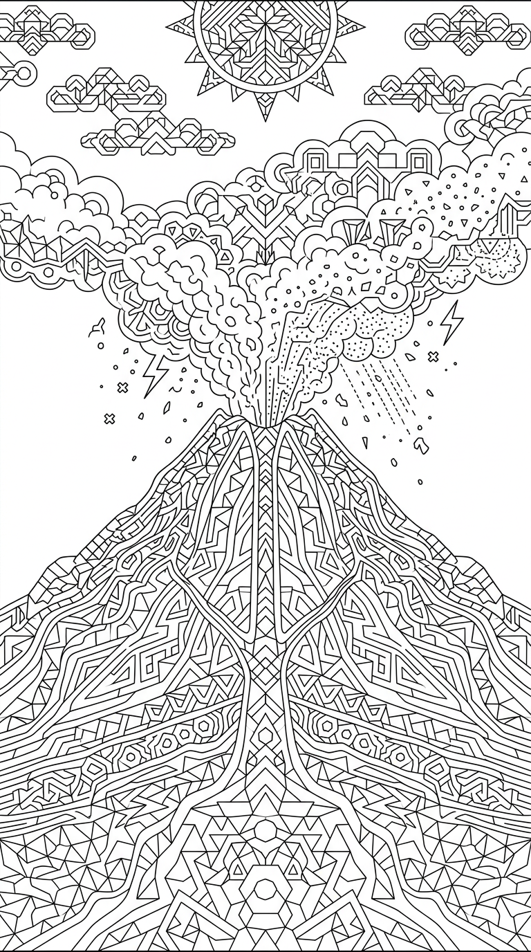 A detailed cross-section of a volcano erupting with lava flowing down its sides. coloring page to print