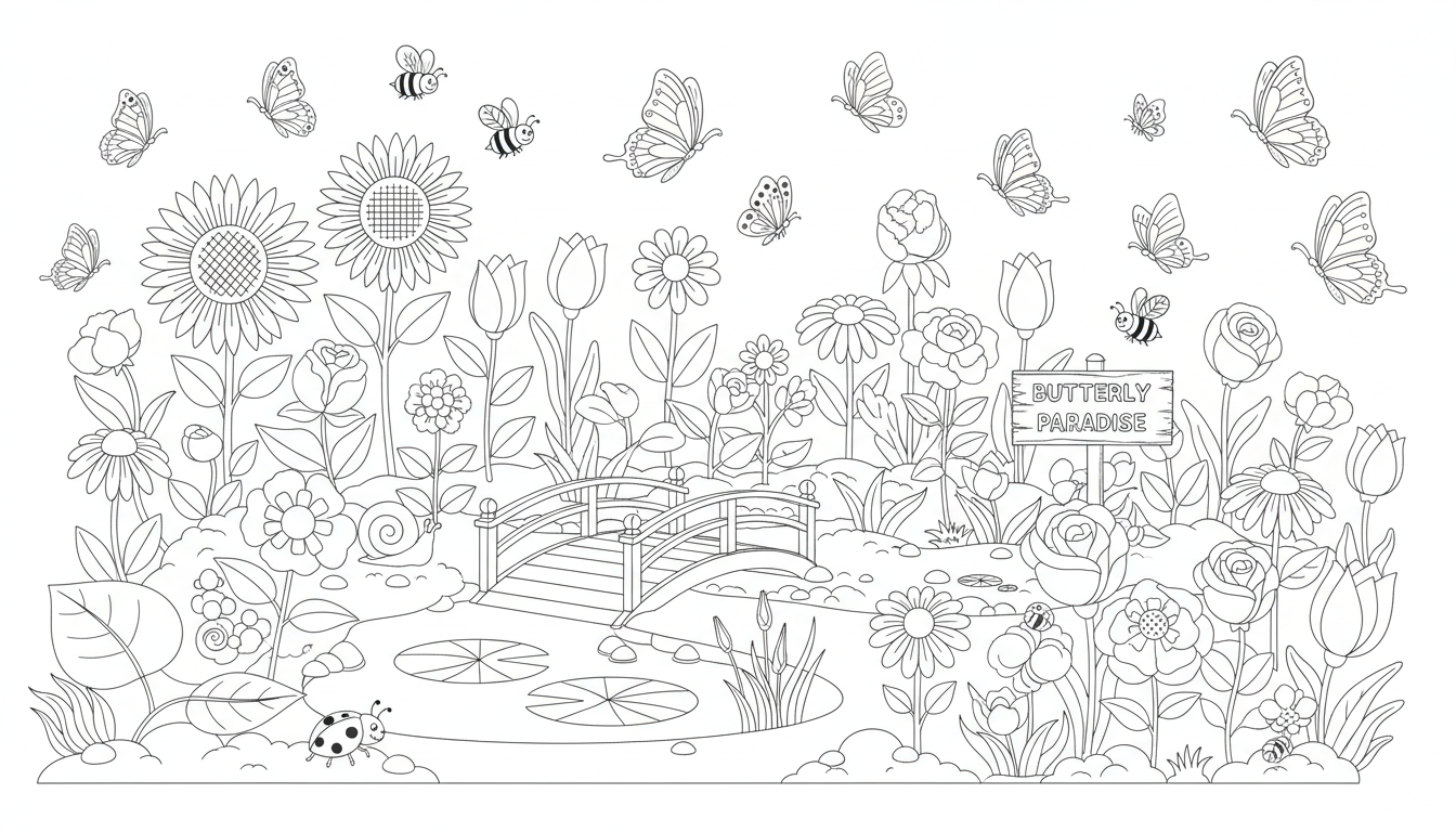 A detailed scene of a butterfly garden with various species flying around. coloring page to print