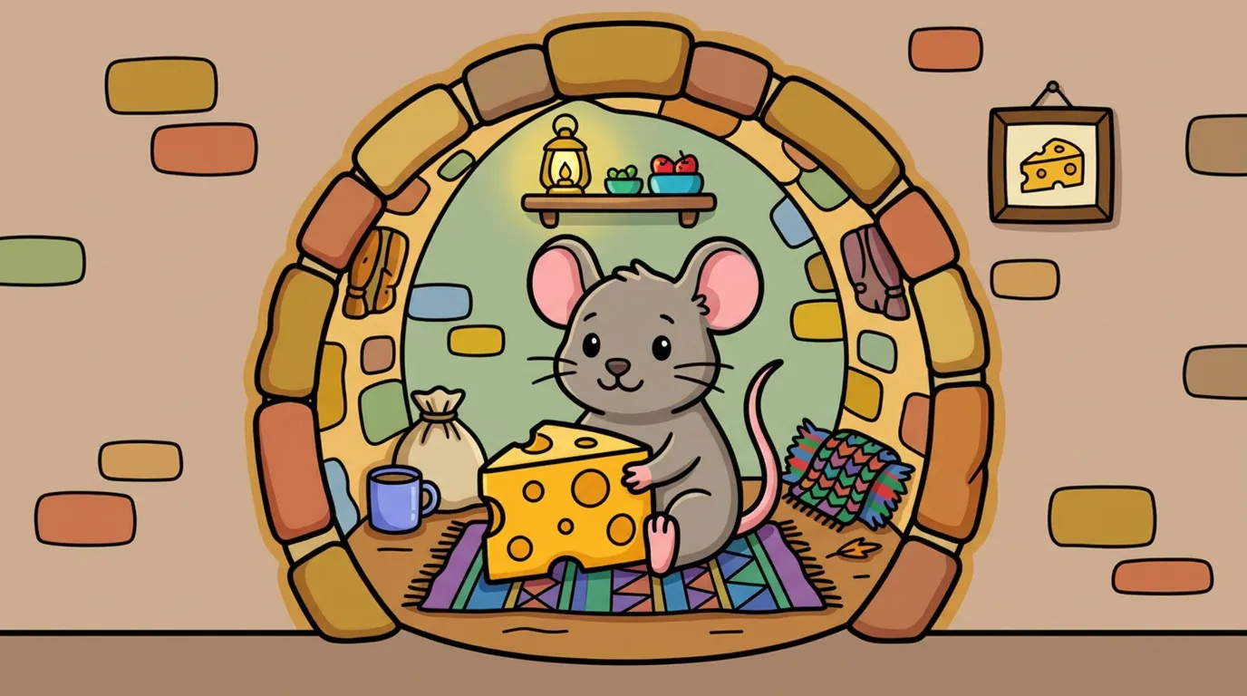 A cute mouse with cheese sitting inside a cozy mouse hole. coloring page to print