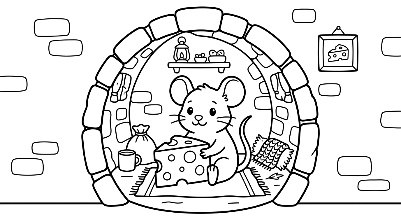 A cute mouse with cheese sitting inside a cozy mouse hole. coloring page to print