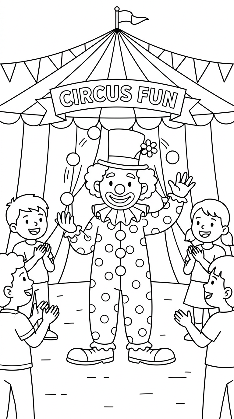 A cheerful clown entertaining children at a circus tent. coloring page to print