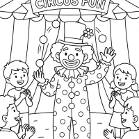 A cheerful clown entertaining children at a circus tent.