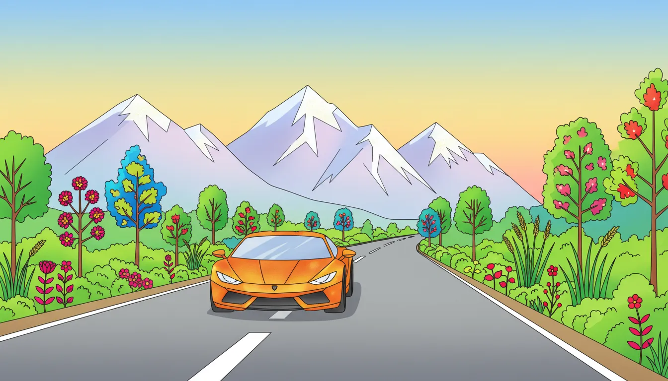 sleek car on mountain highway coloring page to print