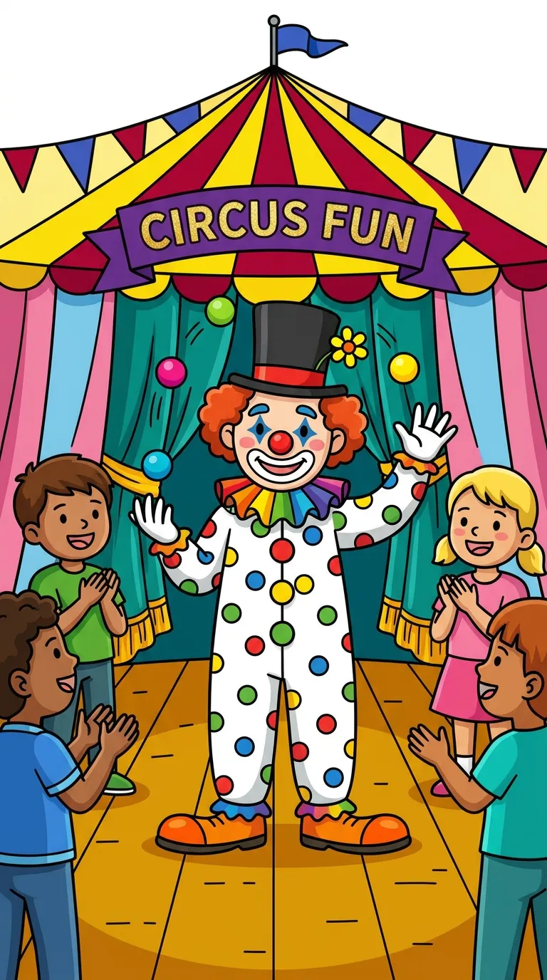 A cheerful clown entertaining children at a circus tent. coloring page to print