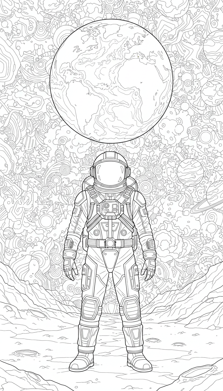 Space explorer on lunar surface with Earth overhead coloring page to print