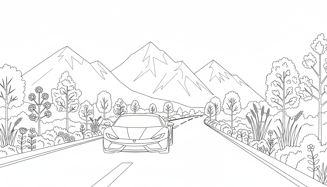 sleek car on mountain highway coloring page to print