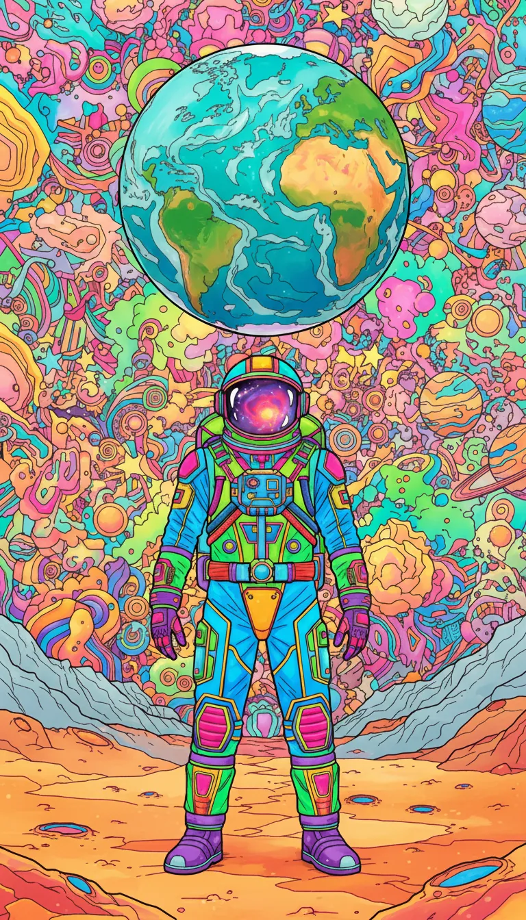 Space explorer on lunar surface with Earth overhead coloring page to print