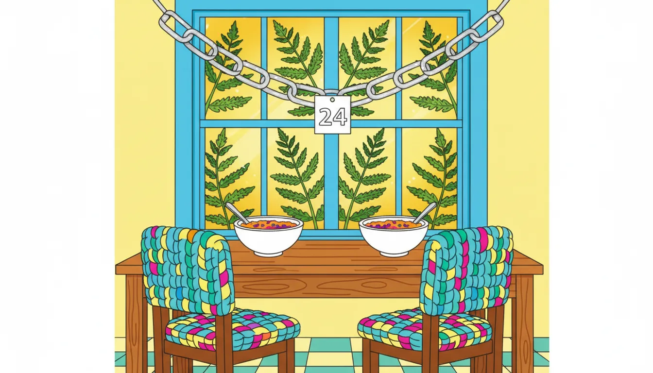 Cozy farmhouse Christmas breakfast scene coloring page to print