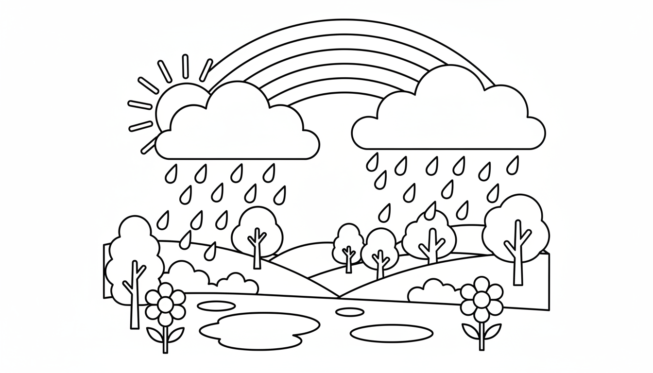rainbow crossing the sky after rain coloring page to print