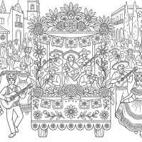 A colorful festival in Mexico with dancers, masks, and decorated floats.
