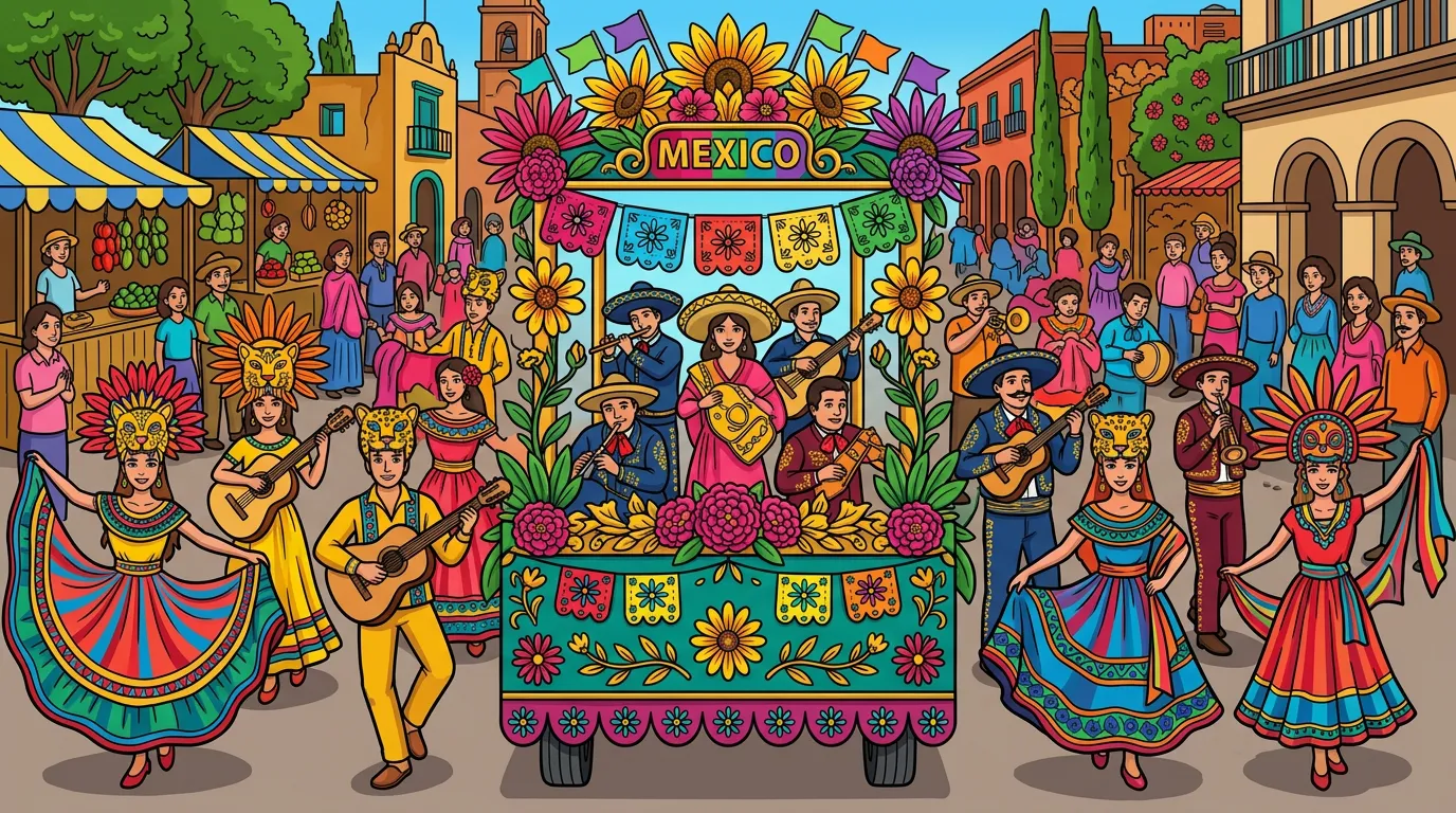 A colorful festival in Mexico with dancers, masks, and decorated floats. coloring page to print
