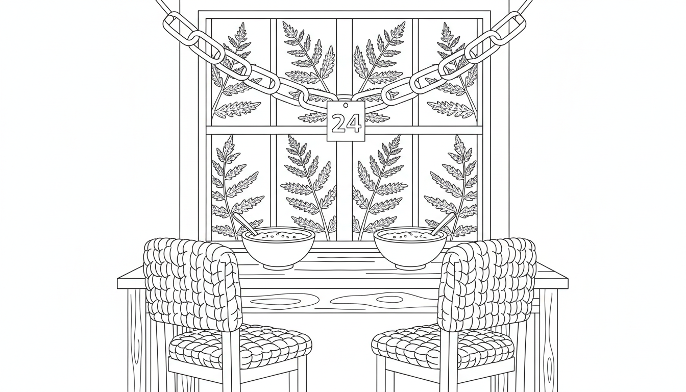 Cozy farmhouse Christmas breakfast scene coloring page to print