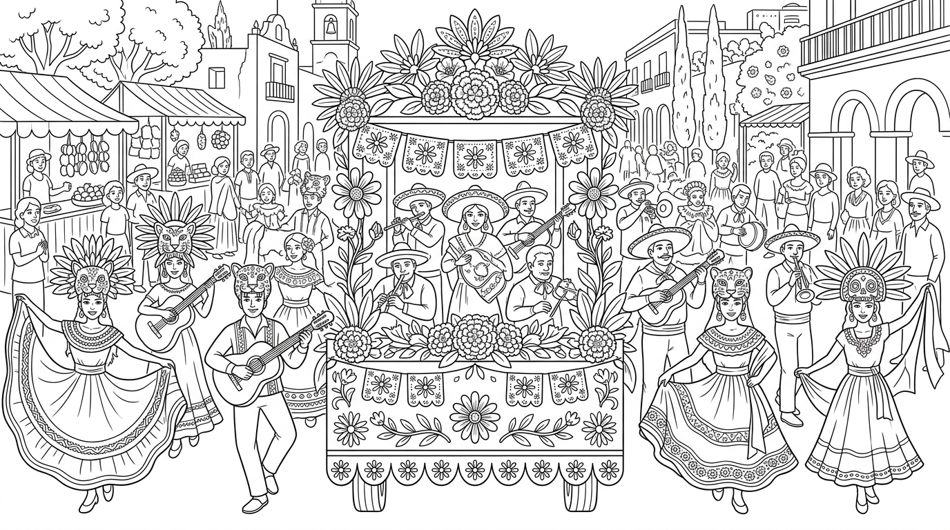 A colorful festival in Mexico with dancers, masks, and decorated floats. coloring page to print