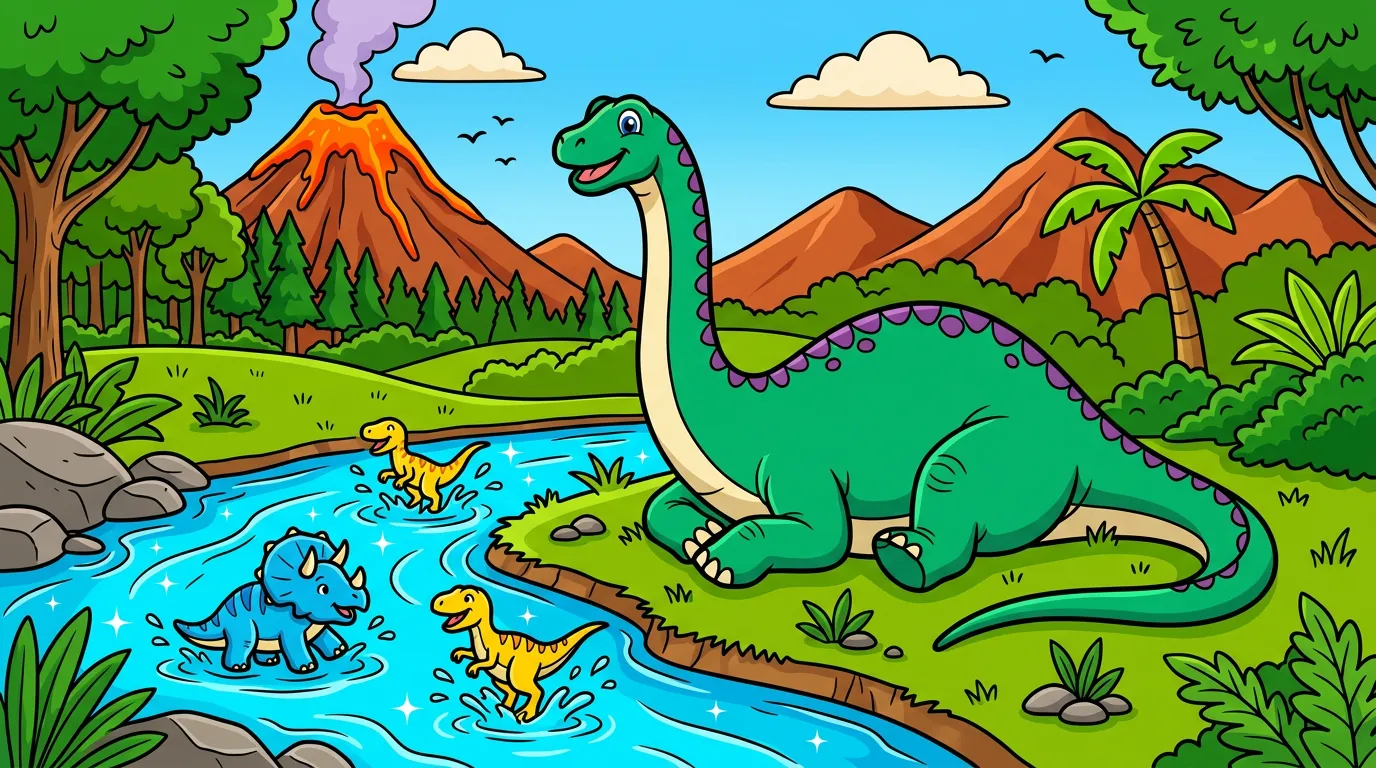 A giant dinosaur relaxing beside a river, with smaller dinosaurs splashing nearby. coloring page to print