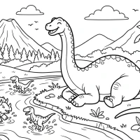A giant dinosaur relaxing beside a river, with smaller dinosaurs splashing nearby.