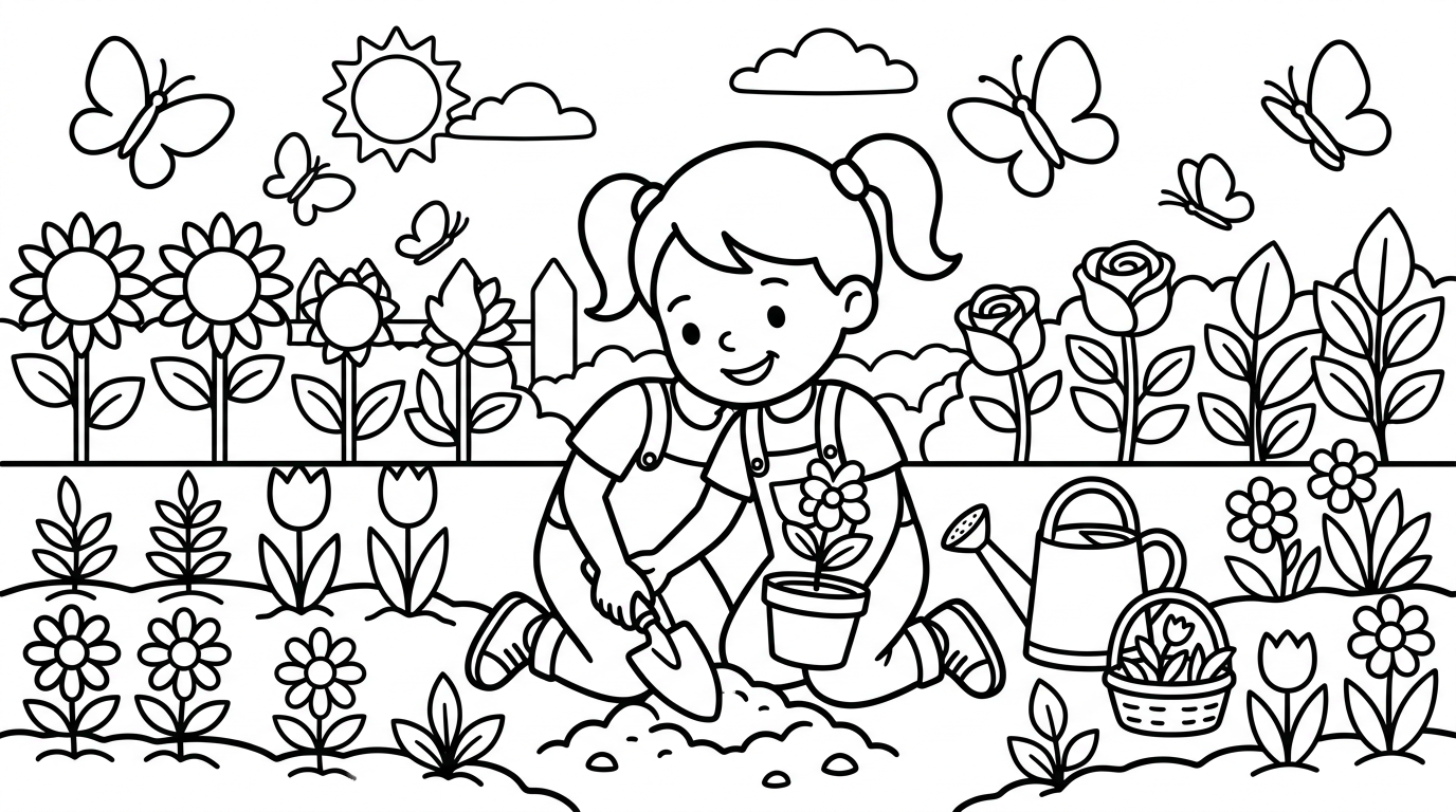 Little girl planting flowers with butterflies coloring page to print