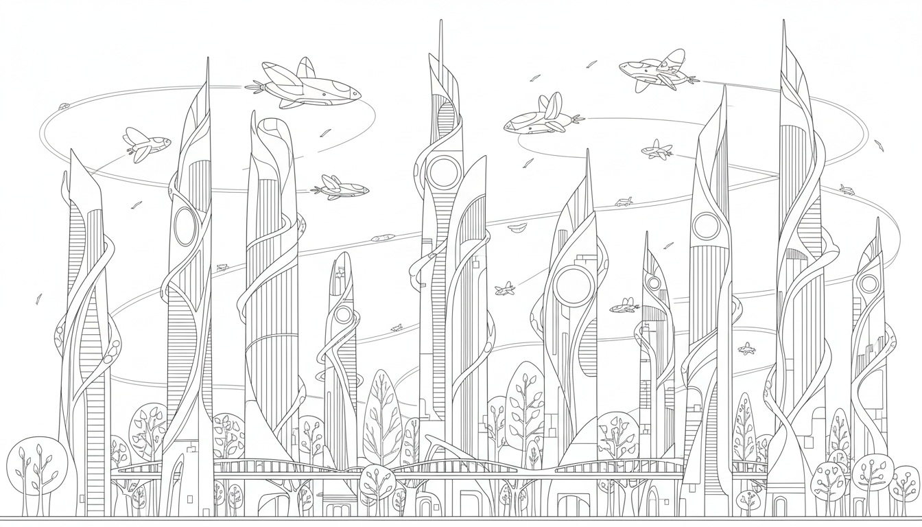 A futuristic city with flying cars and tall skyscrapers. coloring page to print