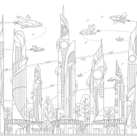 A futuristic city with flying cars and tall skyscrapers.