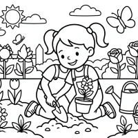Little girl planting flowers with butterflies