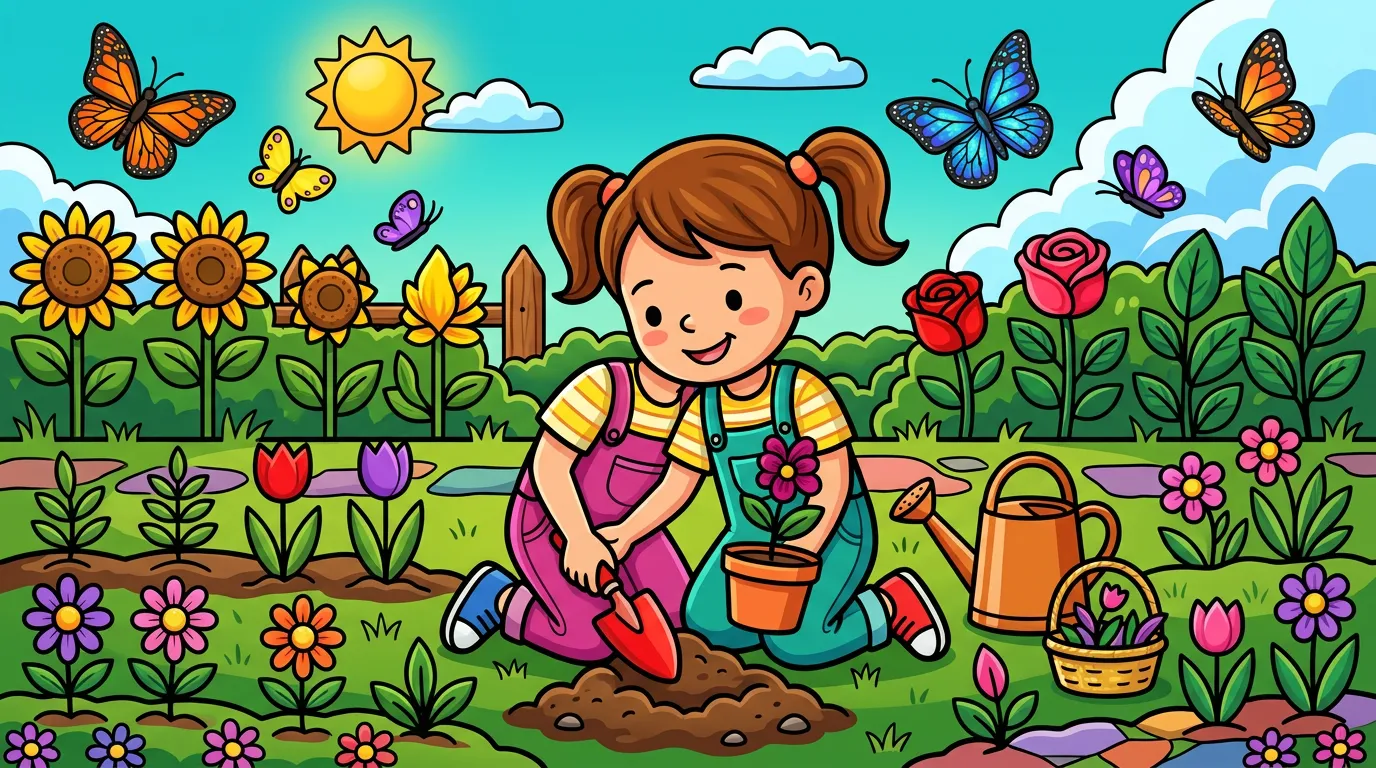 Little girl planting flowers with butterflies coloring page to print