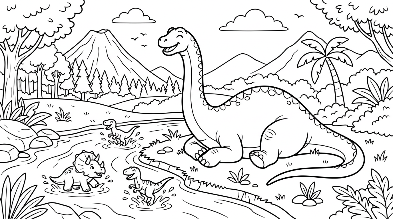 A giant dinosaur relaxing beside a river, with smaller dinosaurs splashing nearby. coloring page to print
