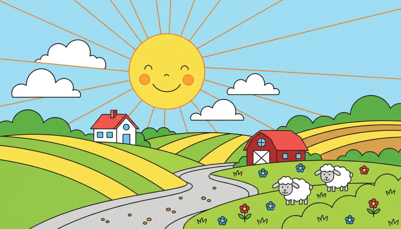 smiling sun shining over countryside coloring page to print
