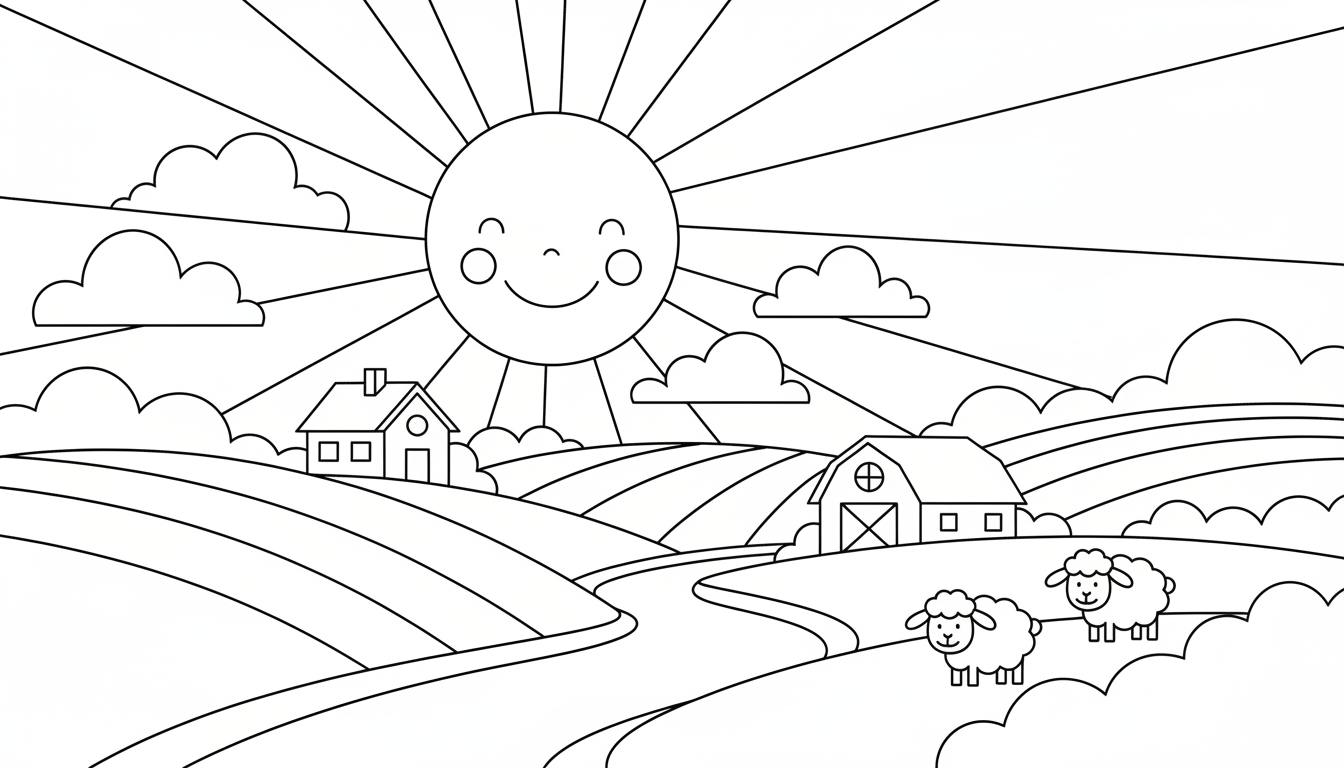 smiling sun shining over countryside coloring page to print