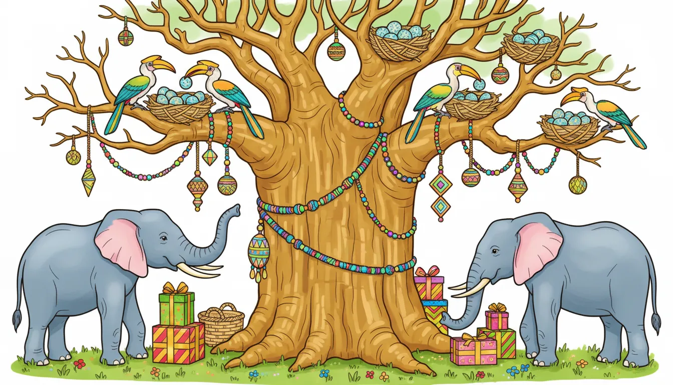 African savanna baobab with elephants and hornbills coloring page to print