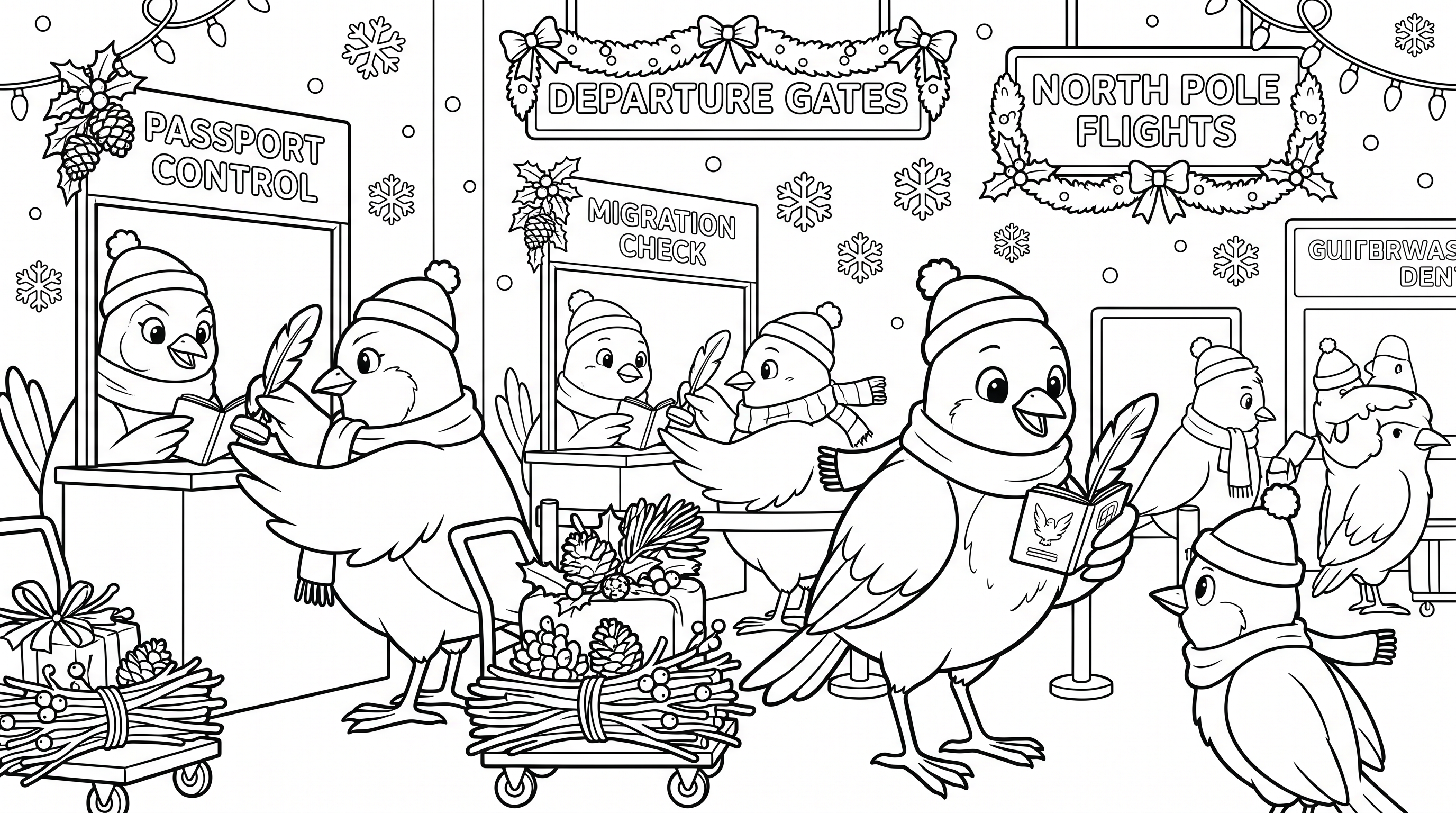 Christmas airport scene with birds and festive decorations coloring page to print