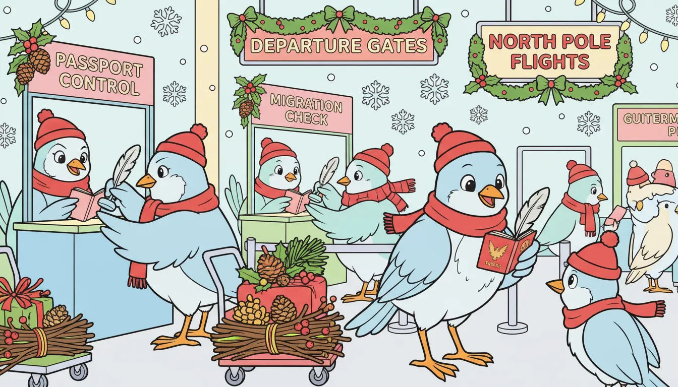 Christmas airport scene with birds and festive decorations coloring page to print