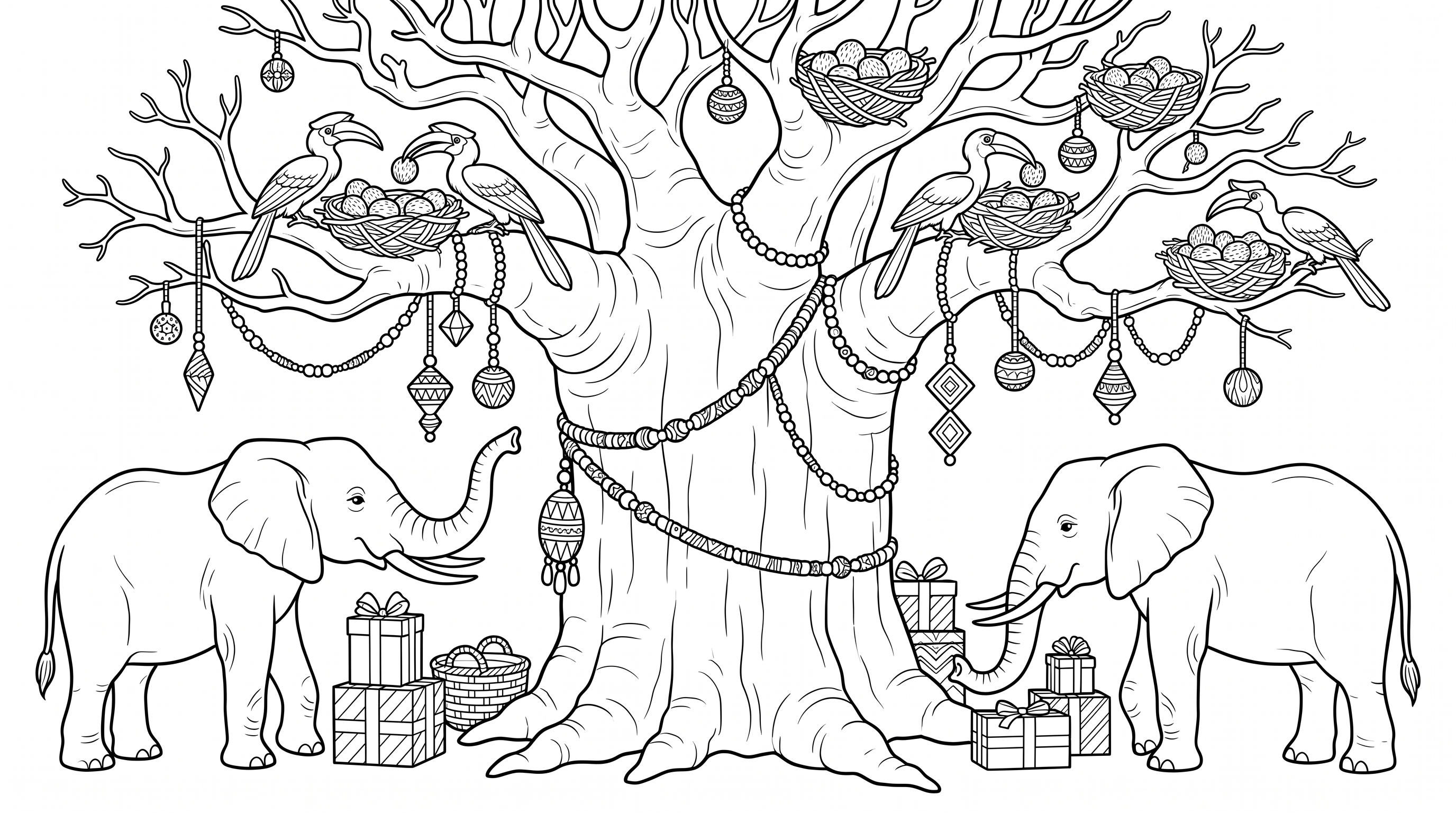 African savanna baobab with elephants and hornbills coloring page to print